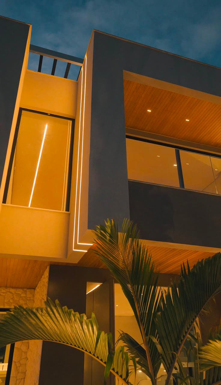Detalhe da fachada com iluminação noturna